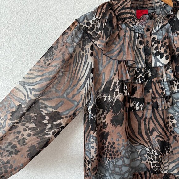 V Cristina Unique Sheer Animal Print Ruffled Blouse Size L - Picture 2 of 9